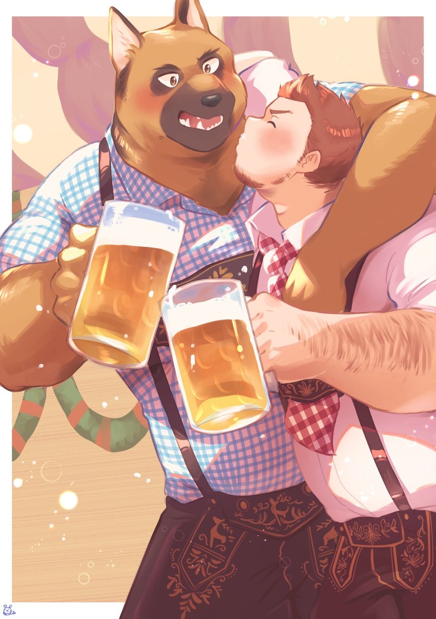 alcohol anthro arm_around_shoulders beer beverage blush clothing duo human_on_anthro interspecies kissing lederhosen male male/male muscular muscular_anthro muscular_male necktie open_mouth overalls romantic romantic_couple shirt topwear sawch_cls canid canine canis domestic_dog german_shepherd herding_dog human mammal pastoral_dog hi_res