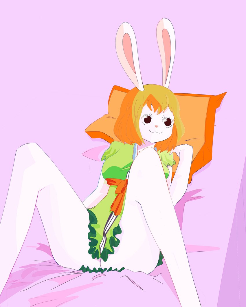 :3 anthro bed bottomless clothed clothing content dress female fur furniture green_clothing green_dress hair looking_aside looking_away no_underwear on_bed on_pillow orange_clothing orange_hair partially_clothed pillow pink_bed sitting sitting_on_bed solo white_body white_fur deepfur one_piece carrot_(one_piece) lagomorph leporid mammal mink minkmen_(one_piece) mustelid musteline rabbit true_musteline absurd_res hi_res shaded