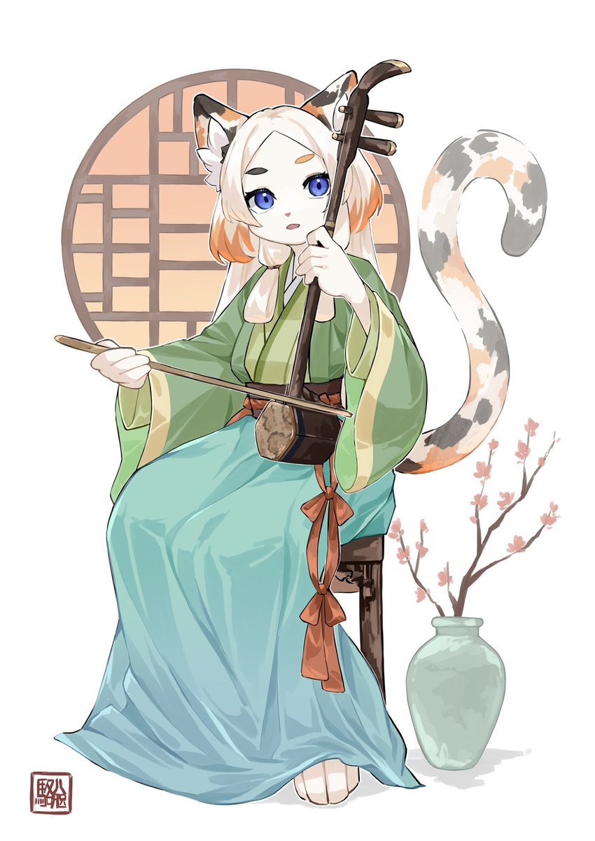 anthro asian_clothing blue_eyes bowed_string_instrument breasts chinese_clothing clothing east_asian_clothing erhu female hair hanfu looking_at_viewer musical_instrument solo string_instrument white_hair kawarage_yatano domestic_cat felid feline felis mammal 2022 digital_media_(artwork) hi_res