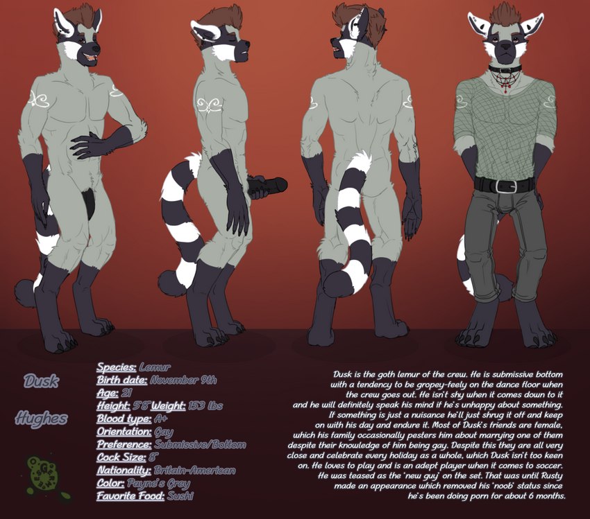 anthro erection genitals grey_body humanoid_genitalia humanoid_penis long_tail male penis solo stripes tail text turnaround germees lightdevil behind_the_lens dusk_(behind_the_lens) lemur mammal primate strepsirrhine english_text model_sheet