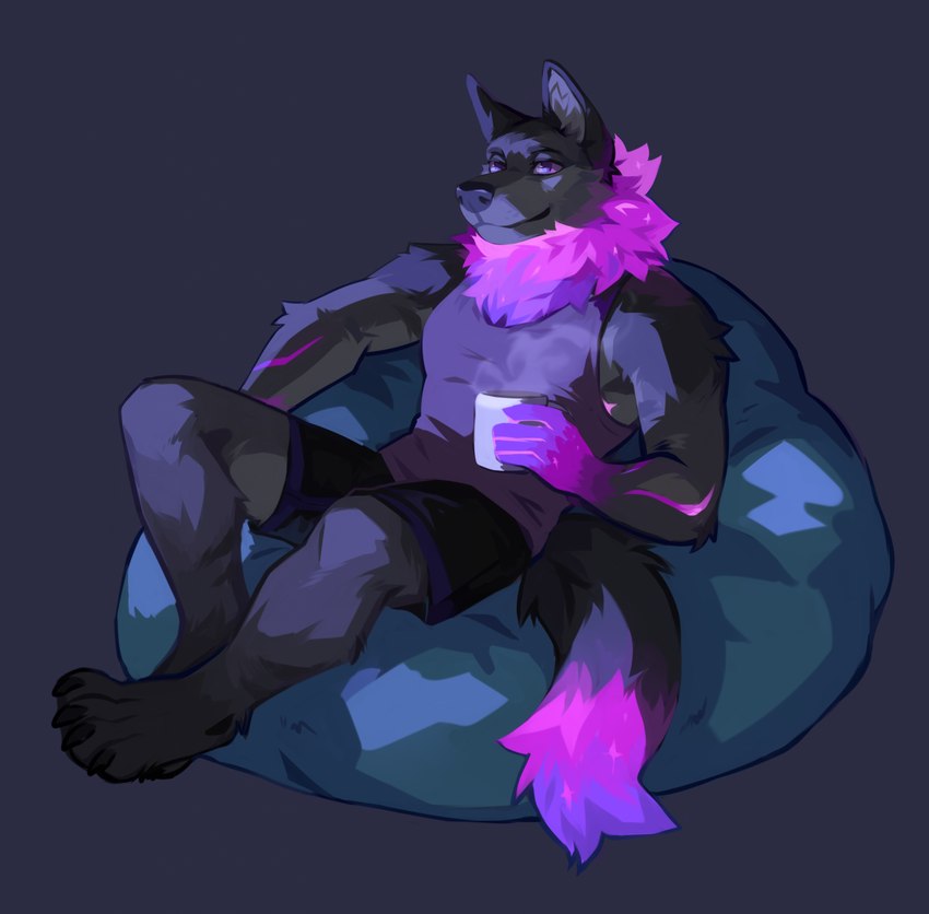 anthro arm_tuft black_bottomwear black_claws black_clothing black_shorts blue_background bottomwear cheek_tuft claws clothed clothing elbow_tuft facial_tuft fur grey_body grey_fur male markings mouth_closed purple_clothing purple_eyes purple_markings purple_topwear reclining shorts shoulder_tuft simple_background solo topwear tuft corzh77 canid mammal hi_res