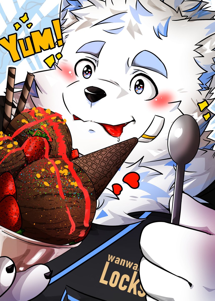 anthro bandage bandage_on_face blush cutlery dessert food fruit fur ice_cream kitchen_utensils licking licking_lips male plant solo spoon strawberry tongue tongue_out tools waffle_cone white_body white_fur arujoseru lifewonders live_a_hero yohack canid canine canis domestic_dog mammal nordic_sled_dog samoyed spitz absurd_res hi_res