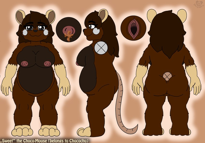 anthro belly black_eyes breasts brown_body brown_fur brown_hair female fur genitals hair happy milk nipples pussy simple_background slightly_chubby smile solo white_body white_fur yellow_body yellow_fur darknetic chocochu sweetchu chocolate_mouse mammal mouse murid murine rodent absurd_res hi_res model_sheet