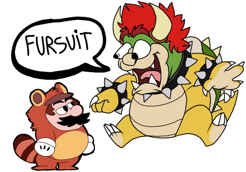 anthro biped clothing costume duo facial_hair humanoid_hands humor male mustache simple_background slightly_chubby surprise tanuki_costume text white_background lewdookami mario_bros nintendo bowser mario tanuki_mario canid canine human koopa mammal raccoon_dog scalie tanuki 2022 english_text