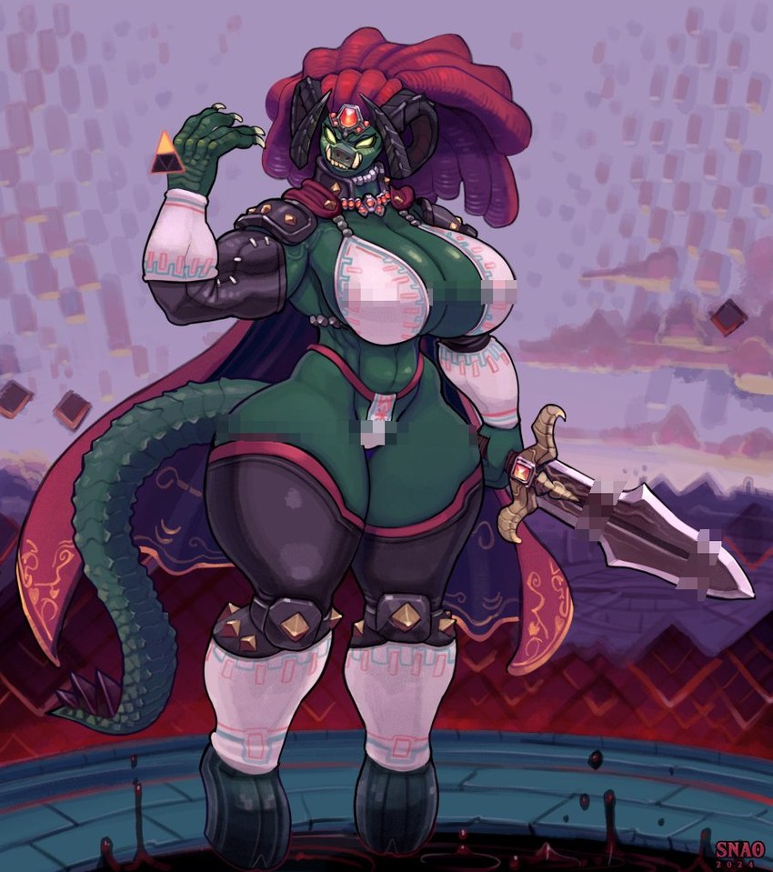 ankle_cuffs anthro big_breasts bloody_water bra bracelet breasts cape censored_genitalia censored_nipples censored_pussy clothing crossgender cuff_(restraint) female forehead_gem front_view gem genitals glistening glistening_body glistening_breasts glowing glowing_eyes green_body green_eyes green_skin hair holding_object holding_weapon horn hyper jewelry long_hair looking_at_hand melee_weapon necklace painted_background pussy red_hair red_sky restraints sharp_teeth sky standing sword tail teeth thick_thighs triforce tusks underwear weapon snao nintendo the_legend_of_zelda the_legend_of_zelda:_ocarina_of_time ganon 2024 censored digital_drawing_(artwork) digital_media_(artwork) mosaic_censorship