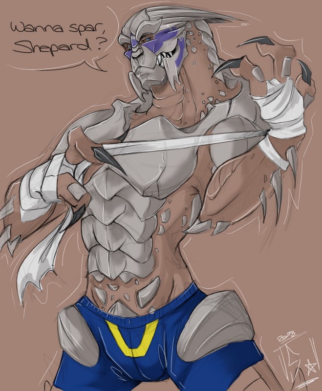 bottomwear claws clothed clothing facial_markings hand_wraps head_markings male markings muscular muscular_male pose sharp_teeth shorts solo teeth text wraps saphistar-tries-to-art bioware electronic_arts mass_effect garrus_vakarian alien turian 2018 digital_media_(artwork) hi_res pinup