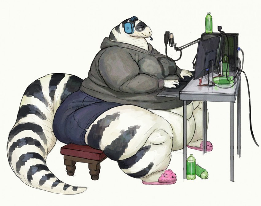 animal_slippers anthro belly bottomwear clothing computer desk electronics fat_rolls female footwear furniture gaming headphones hoodie keyboard microphone monitor morbidly_obese morbidly_obese_anthro morbidly_obese_female obese obese_anthro obese_female overweight overweight_anthro overweight_female pants shoes shorts simple_background sitting slippers soda_bottle solo stool striped_body stripes table topwear white_background white_body white_skin cettus maeve_gibson california_kingsnake colubrid kingsnake lampropeltini reptile scalie snake 2020