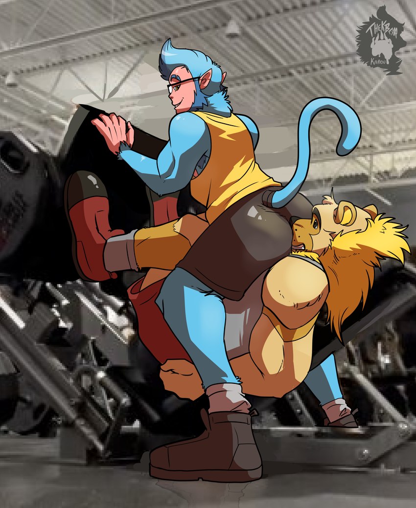 anthro big_butt butt butt_sniffing clothed clothing exercise_clothing exercise_equipment eyewear face_in_ass facesitting footwear glasses gym leg_press male male/male male_anthro photo_background shoes sitting_on_another sniffing thekinkybear leg_press_redraw_(meme) bax_(monkeydbax) karou_(thekbear) bear haplorhine mammal monkey primate absurd_res hi_res meme photography_(artwork)