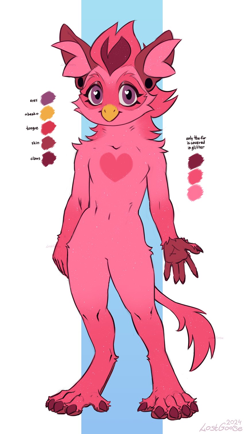 anthro beak glistening glistening_body hair heart_symbol male pink_body pink_eyes pink_hair simple_background solo tunnel_piercing lostgoose furby_(species) 2024 9:16 hi_res model_sheet