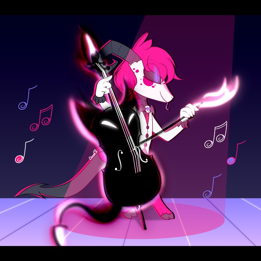 anthro black_bars bowed_string_instrument cello male musical_instrument musical_note musical_symbol solo stage string_instrument symbol tongue tongue_out breakingcloud helluva_boss cloud_(breakingcloud) fan_character bovid caprine demon goat mammal hi_res letterbox