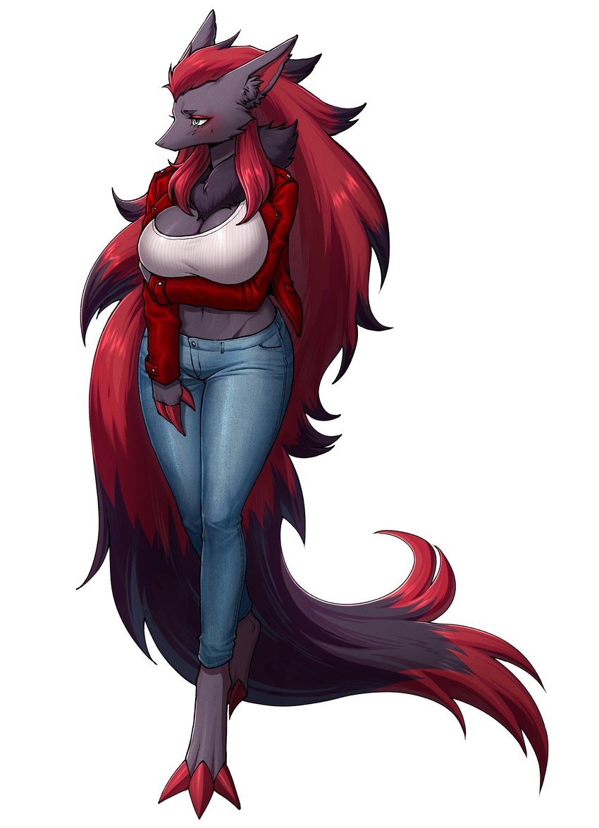 anthro big_breasts breasts cleavage clothed clothing female fur hair long_hair simple_background solo cursedanchovy nintendo pokemon generation_5_pokemon pokemon_(species) zoroark absurd_res digital_media_(artwork) hi_res