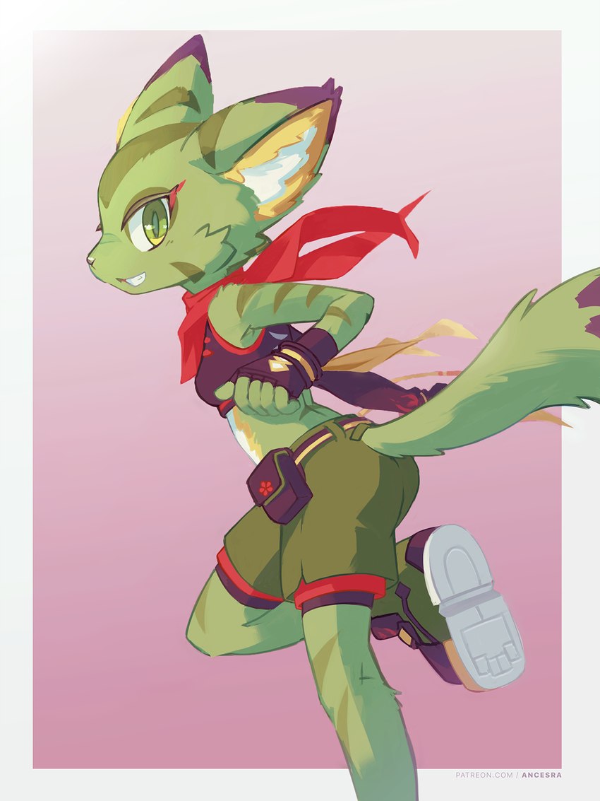 anthro breasts butt clothed clothing female fur green_body green_eyes green_fur midriff scarf simple_background small_breasts solo ancesra freedom_planet galaxytrail carol_tea felid feline felis mammal wildcat 3:4 digital_media_(artwork) hi_res shaded