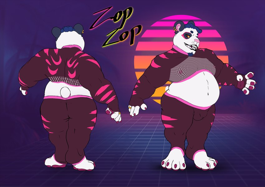 anthro belly blue_hair bulge clothing dreadlocks ear_piercing facial_hair fishnet_clothing fishnet_topwear hair legwear male midriff navel overweight overweight_male piercing purple_eyes ring solo stripes tail tights topwear yellow_sclera zopanda zop bear giant_panda mammal hi_res model_sheet