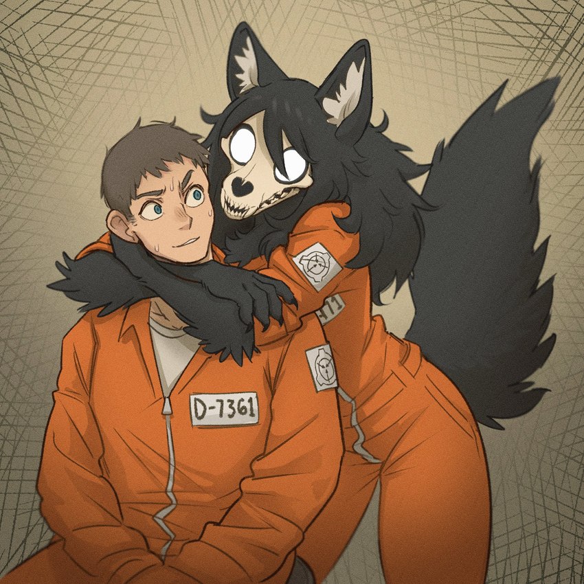 anthro bangs black_body black_fur black_hair blue_eyes bodily_fluids bone brown_hair chest_tuft claws clothing dialogue duo eye_contact fangs female fluffy fluffy_chest fluffy_tail fur hair hug hugging_another hugging_from_behind inner_ear_fluff jumpsuit long_hair looking_at_another male male/female male_human messy_hair nervous nervous_smile nervous_sweat orange_clothing orange_suit prison_suit prison_uniform prisoner pupils shirt simple_background sitting skull skull_head standing suit sweat sweatdrop tail teeth text tight_clothing topwear tuft white_clothing white_eyes white_pupils white_shirt white_topwear wolf_ears tateoftot scp_foundation d-class mal0 scp-1471-a canid canine canis human mammal undead wolf 1:1 2024 hi_res