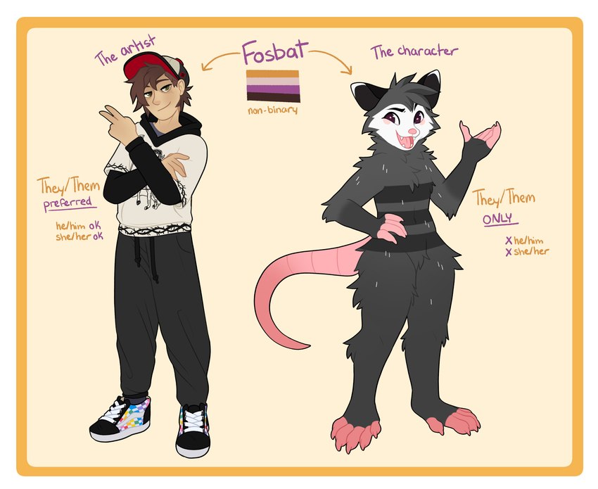 anthro claws clothing duo footwear fur hair hand_on_hip hat headgear headwear open_mouth open_smile shoes smile standing tail fosbat fosbat_(fosbat) american_opossum human mammal marsupial 2024 absurd_res digital_media_(artwork) hi_res model_sheet nonbinary_(lore)