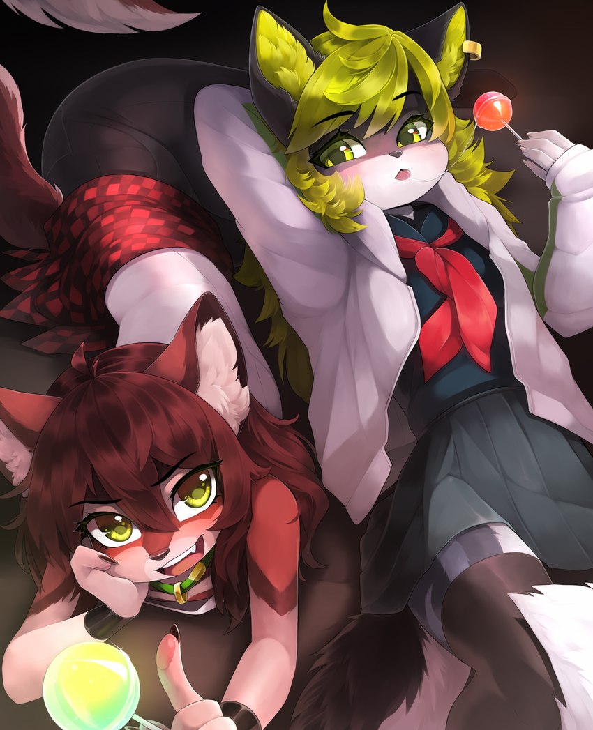 anthro bottomwear brown_hair candy clothing collar dessert duo female fluffy fluffy_tail food green_eyes green_hair hair legwear lollipop long_hair looking_at_viewer lying school_uniform skirt tail thigh_highs uniform talilly nova_(hikarikurisu) skylar_zero canid canine fox mammal 2023 hi_res