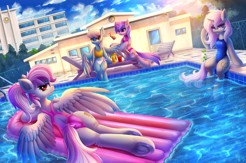 backless_clothing backless_swimsuit bikini butt clothing cutie_mark detailed_background female feral group horn inflatable looking_back one-piece_swimsuit open-back_swimsuit outside red_eyes sitting swimming_pool swimwear tail tail_aside two-piece_swimsuit water wings atlas-66 friendship_is_magic hasbro my_little_pony mythology sassaflash_(mlp) sea_swirl_(mlp) equid equine mammal mythological_creature mythological_equine pegasus unicorn absurd_res hi_res