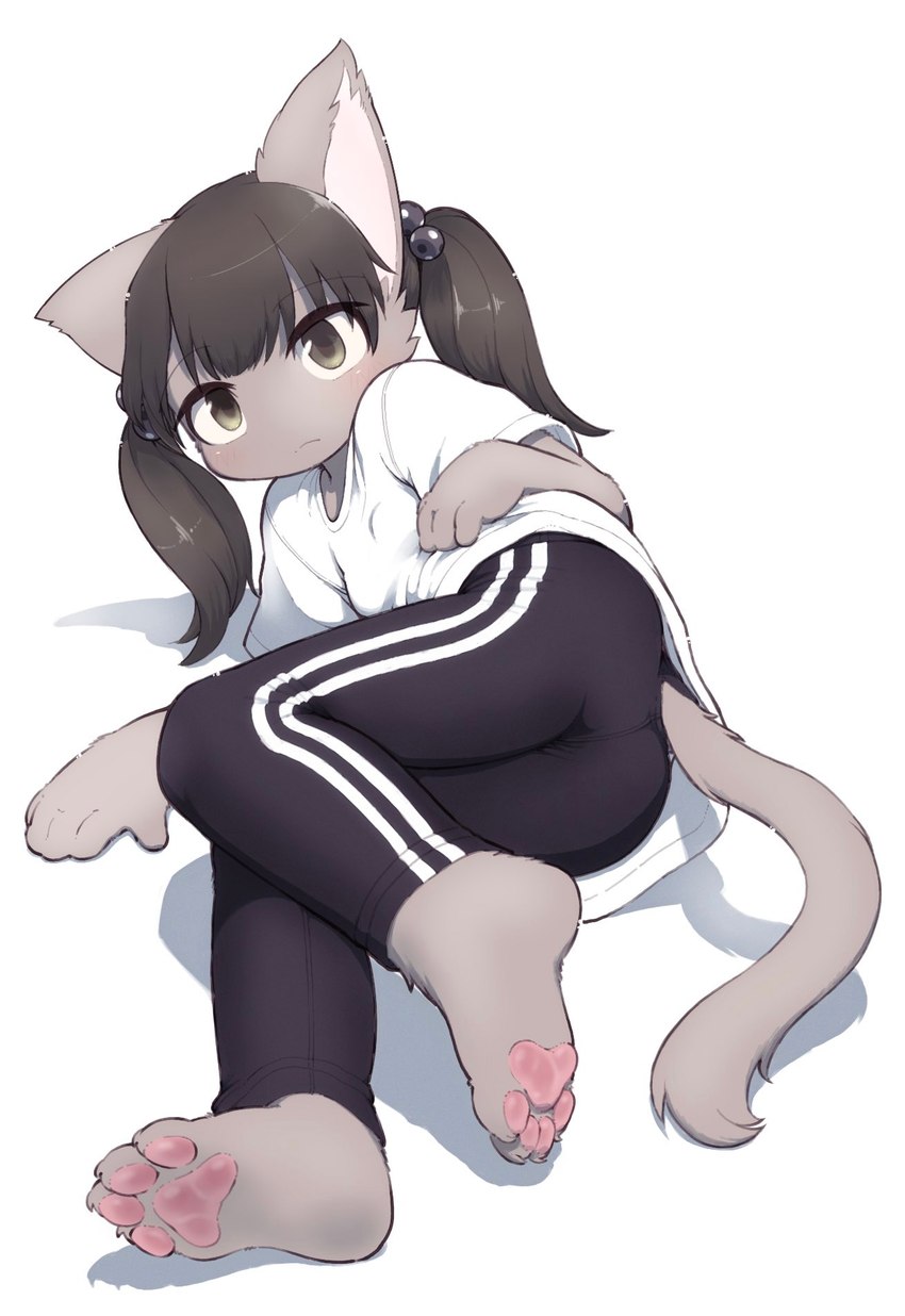 anthro black_hair bottomwear butt clothing feet female hair looking_at_viewer lying pants pawpads pigtails soles solo track_pants young young_female yonsai hiraragi_akane domestic_cat felid feline felis mammal hi_res