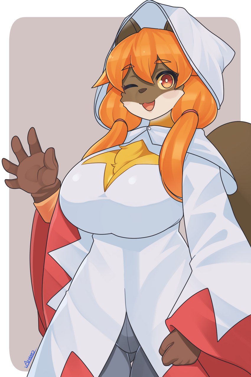 anthro big_breasts blush breasts brown_body brown_clothing brown_fur brown_gloves brown_handwear chest_tuft clothed clothing female fur gesture gloves hair handwear huge_breasts long_hair long_sleeves looking_at_viewer multicolored_body multicolored_fur one_eye_closed open_mouth open_smile orange_hair pigtails red_eyes simple_background smile solo tuft twintails_(hairstyle) waving white_body white_fur yellow_body yellow_fur yellow_sclera arumo final_fantasy square_enix emi_(yasu) gulonine mammal marten mustelid musteline white_mage_(final_fantasy) yellow-throated_marten 2:3 hi_res