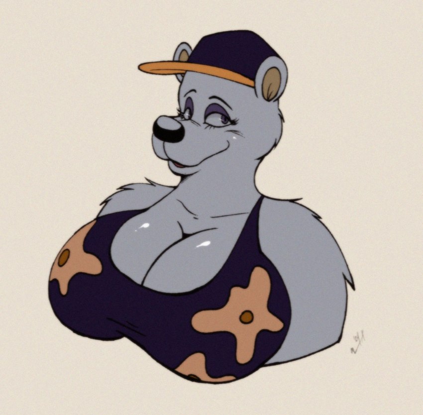 anthro big_breasts bikini bikini_top breasts clothing eyeshadow female fur hat headgear headwear makeup open_mouth solo swimwear two-piece_swimsuit white_body white_fur marc_acrylic the_adventures_of_courdroy_bear bearimore bear mammal polar_bear ursine 2024 bust_portrait hi_res portrait