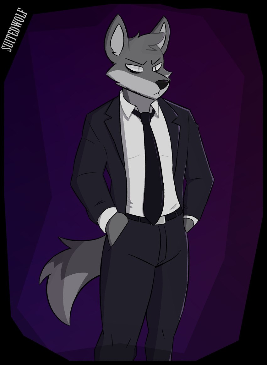 anthro biped black_nose clothed clothing dipstick_tail fully_clothed fur grey_body grey_fur hands_in_both_pockets head_tuft male markings necktie purple_background simple_background solo standing tail tail_markings tuft suitedwolfie canid canine canis mammal wolf 2024 absurd_res digital_drawing_(artwork) digital_media_(artwork) hi_res