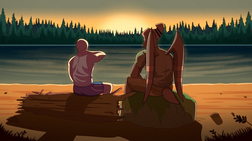 5_fingers anthro bald bottomwear brown_body brown_scales clothing detailed_background duo fingers forest hand_behind_head head_crest lake light-skinned_male light_body light_skin male mature_anthro mature_male outside plant scales shirt short_tail shorts sitting tail tank_top topwear tree wings seven_(artist) cavemanon_studios snoot_game anon_(snoot_game) ripley_(snoot_game) dinosaur human mammal prehistoric_species pterodactylus pterosaur reptile scalie 16:9 2024 digital_drawing_(artwork) digital_media_(artwork) hi_res widescreen