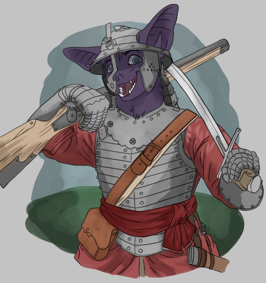 anthro armor bat_ears blue_eyes breastplate clothed clothing fur gauntlets gloves gun handwear headgear helmet holding_gun holding_melee_weapon holding_object holding_ranged_weapon holding_sword holding_weapon looking_at_viewer looking_pleasured male medieval medieval_armor melee_weapon musket open_mouth purple_body purple_fur ranged_weapon scimitar simple_background smile solo sword teeth weapon pelzibat bat mammal wingless_bat 2020 digital_media_(artwork) half-length_portrait hi_res portrait