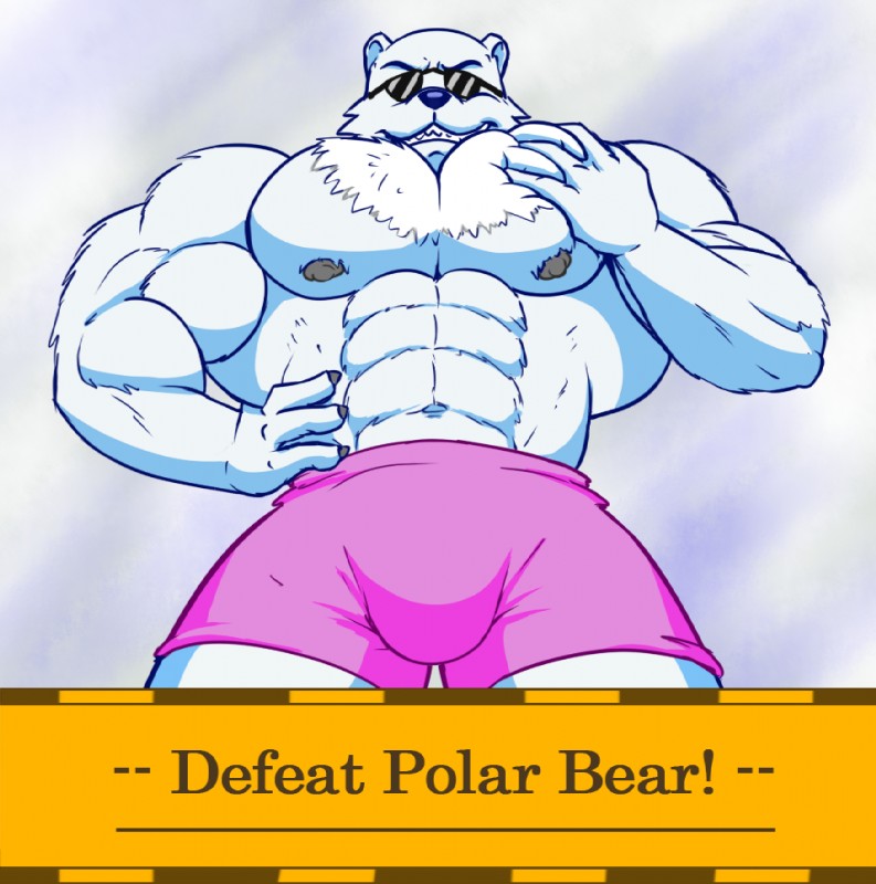 abs anthro barazoku big_muscles body_hair bottomwear bulge chest_hair clothed clothing eyewear fur glasses low-angle_view male muscular muscular_anthro muscular_male nipples pecs pink_bottomwear pink_clothing pink_shorts shorts solo sunglasses text topless white_body white_fur guzreuef ice_climber nintendo polar_bear_(ice_climber) bear mammal polar_bear ursine english_text