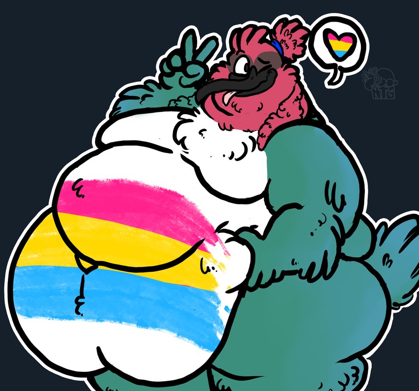 anthro belly belly_rolls chubby_cheeks double_chin fat_rolls gesture hand_gesture lgbt_pride love_handles male neck_rolls obese overweight overweight_male pansexual_pride_colors pride_colors solo v_sign gagmewithaspoon lgbt_pride_month nectar_(pteri) apodiform avian bee_hummingbird bird hummingbird trochilinae hi_res