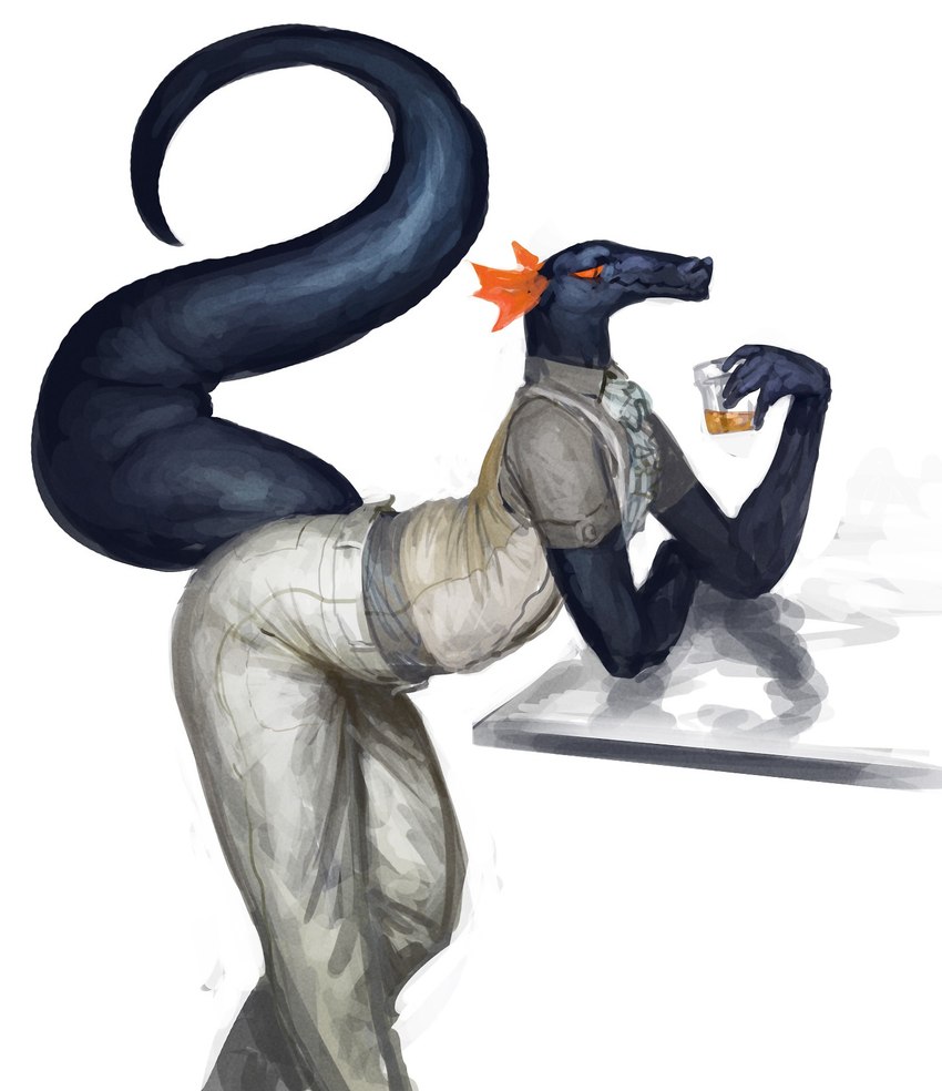 anthro beverage black_body black_skin bottomwear clothed clothing container cup curling_tail frill_(anatomy) fully_clothed furniture holding_beverage holding_container holding_cup holding_object leaning leaning_on_table male orange_eyes pants shirt side_view simple_background solo table tail topwear white_background white_clothing cettus mythology fritjof dragon mythological_creature mythological_scalie scalie 2023 hi_res