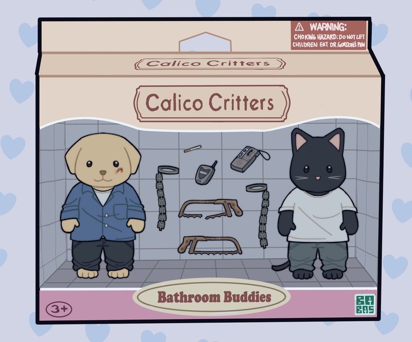 anthro blood blood_on_face bodily_fluids chain cigarette clothing dot_eyes dress_shirt duo heart_symbol male parody saw shirt t-shirt tape_recorder text tools topwear toy whiskers payaso_babas_69 saw_(movie) sylvanian_families adam_stanheight lawrence_gordon canid canine canis domestic_cat domestic_dog felid feline felis mammal english_text