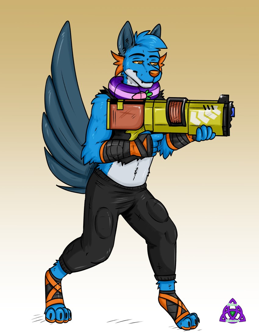 anthro belly black_sweatpants blue_body blue_fur clothing countershade_torso countershading feet fin food foot_wraps fruit fur gun half-closed_eyes hand_wraps head_tuft hero_shot ink male midriff narrowed_eyes neckband neckwear orange_eyes orange_gills orange_nose orange_pawpads pawpads persim_berry persim_scarf plant pointing_gun pokemon_berry pose ranged_weapon scales shirt smile solo tail tail_fin tank_top topwear torn_clothing tuft weapon white_belly white_body white_countershading wraps conditional_dnp feline_element nintendo pokemon splatoon agent_3_(splatoon_3) xevy canid canine canis generation_3_pokemon hybrid mammal pokemon_(species) swampert wolf full-length_portrait hi_res portrait