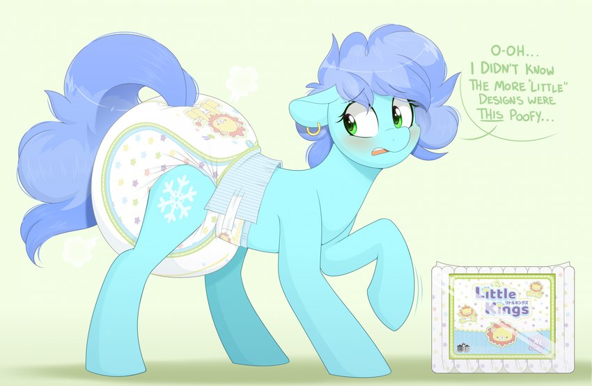 big_diaper blue_body clothed clothing dialogue diaper ear_piercing female feral green_eyes hair little_kings_(diaper) piercing poofy_diaper purple_hair quadruped text wearing_diaper shuphle abuniverse hasbro little_kings my_little_pony fan_character earth_pony equid equine horse mammal pony english_text hi_res