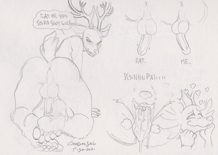 anthro antlers anus backsack balls bodily_fluids butt dialogue drooling duo erection feet foot_fetish foot_focus genitals greek_toe heart_symbol hindpaw horn humanoid_feet male male/male nude open_mouth paws penis perineum plantigrade saliva short_tail speech_bubble tail thebigmansini beastars legoshi_(beastars) louis_(beastars) canid canine canis cervine deer mammal red_deer wolf black_and_white monochrome traditional_media_(artwork)