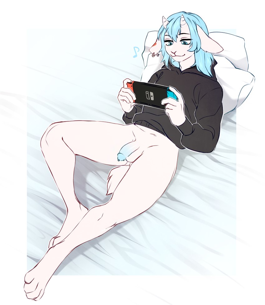 anthro balls blue_eyes blue_hair bottomless bottomless_anthro bottomless_male clothed clothing ear_piercing ear_ring femboy fur gaming genital_piercing genitals hair head_on_pillow hoodie hoodie_only humanoid_genitalia humanoid_penis male penis penis_piercing piercing prince_albert_piercing ring_piercing solo topwear topwear_only white_body white_fur letsdrawcats nintendo nintendo_switch rishy bovid caprine goat mammal hi_res