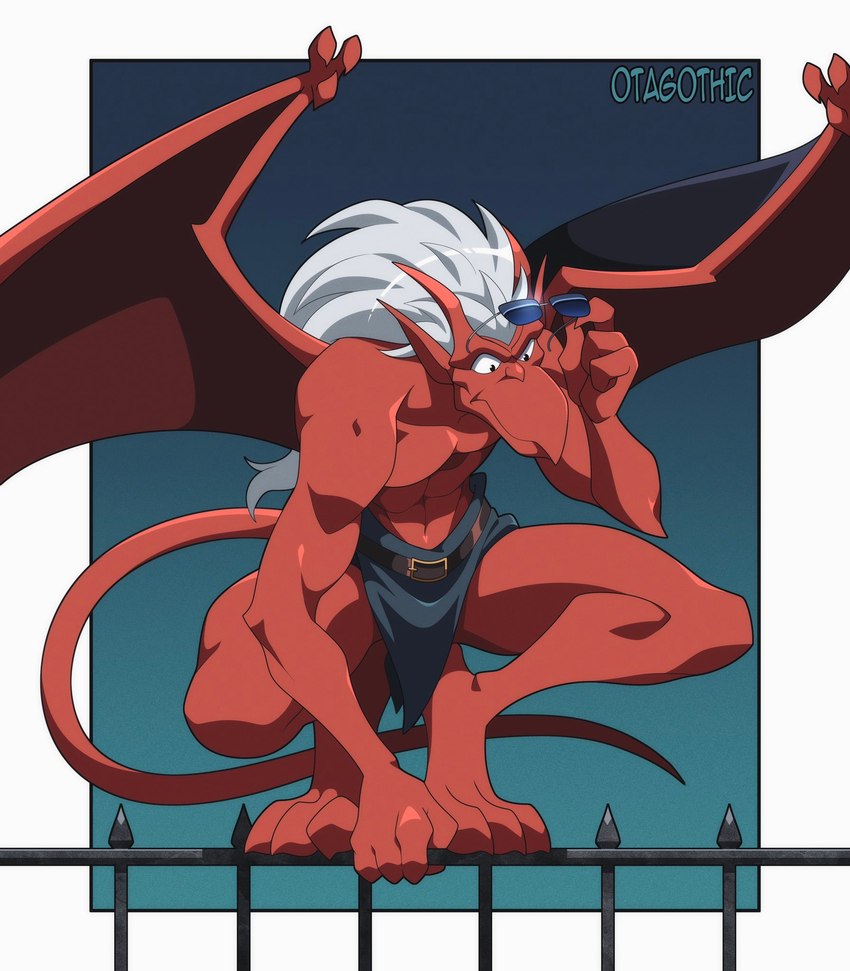 anthro athletic athletic_anthro athletic_male belt bottomwear clothed clothing crouching eyewear hair horn humanoid_pointy_ears loincloth loincloth_only male membrane_(anatomy) membranous_wings pointy_ears red_body solo sunglasses tail topless white_hair wings otagothic disney gargoyles brooklyn_(gargoyles) gargoyle scalie alternate_version_at_paywall better_version_at_paywall hi_res