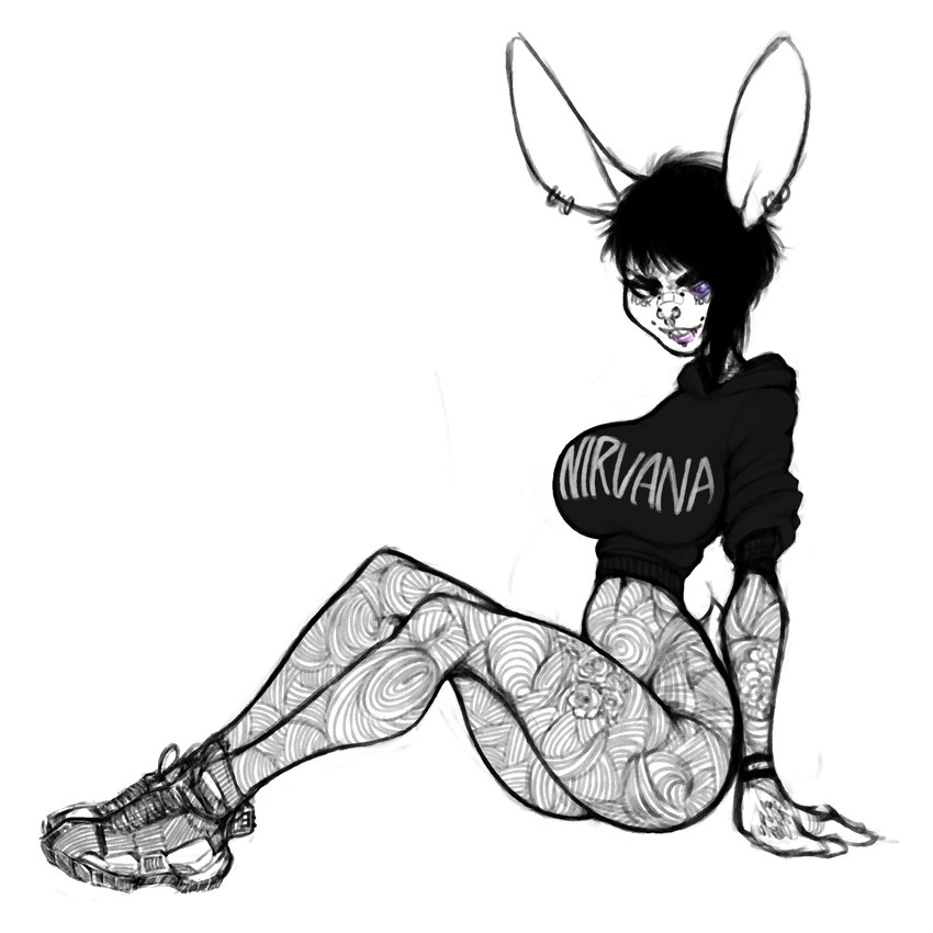 alternative_fashion anthro arm_tattoo band_merch butt butt_tattoo chest_tattoo clothing facial_piercing facial_tattoo female footwear goth leg_tattoo multiple_piercings piercing scene_haircut shoes skinny small_waist solo tattoo milkymittens nirvana deedee_(milkymittens) lagomorph leporid mammal rabbit 1:1 hi_res