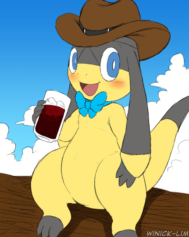 3_fingers 3_toes blue_bow blue_bow_tie blue_eyes blush bow_(feature) bow_in_front bow_tie clothed clothing cowboy_hat feet fingers glass hat hat_band headgear headwear male semi-anthro sky smile solo toes winick-lim nintendo pokemon fan_character lizzy_(majp) generation_6_pokemon helioptile lizard pokemon_(species) reptile scalie 2017 4:5 digital_media_(artwork) hi_res