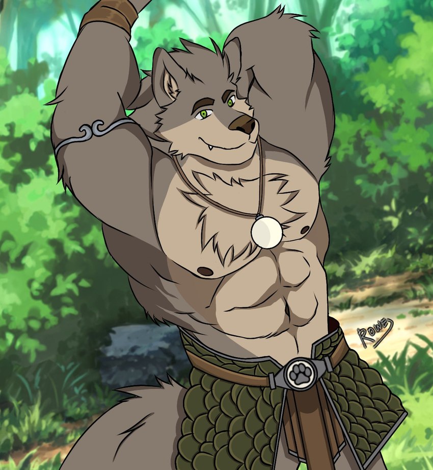 abs anthro armband cheek_tuft chest_tuft clothed clothing facial_tuft forest forest_background green_eyes hand_behind_head head_tuft jewelry looking_at_viewer male muscular muscular_anthro muscular_male nature nature_background navel nipples partially_clothed pendant plant pose raised_arm rowe shrub solo topless topless_anthro topless_male tree tuft far_beyond_the_world_(series) ranok_(far_beyond_the_world) canid canine canis mammal wolf hi_res