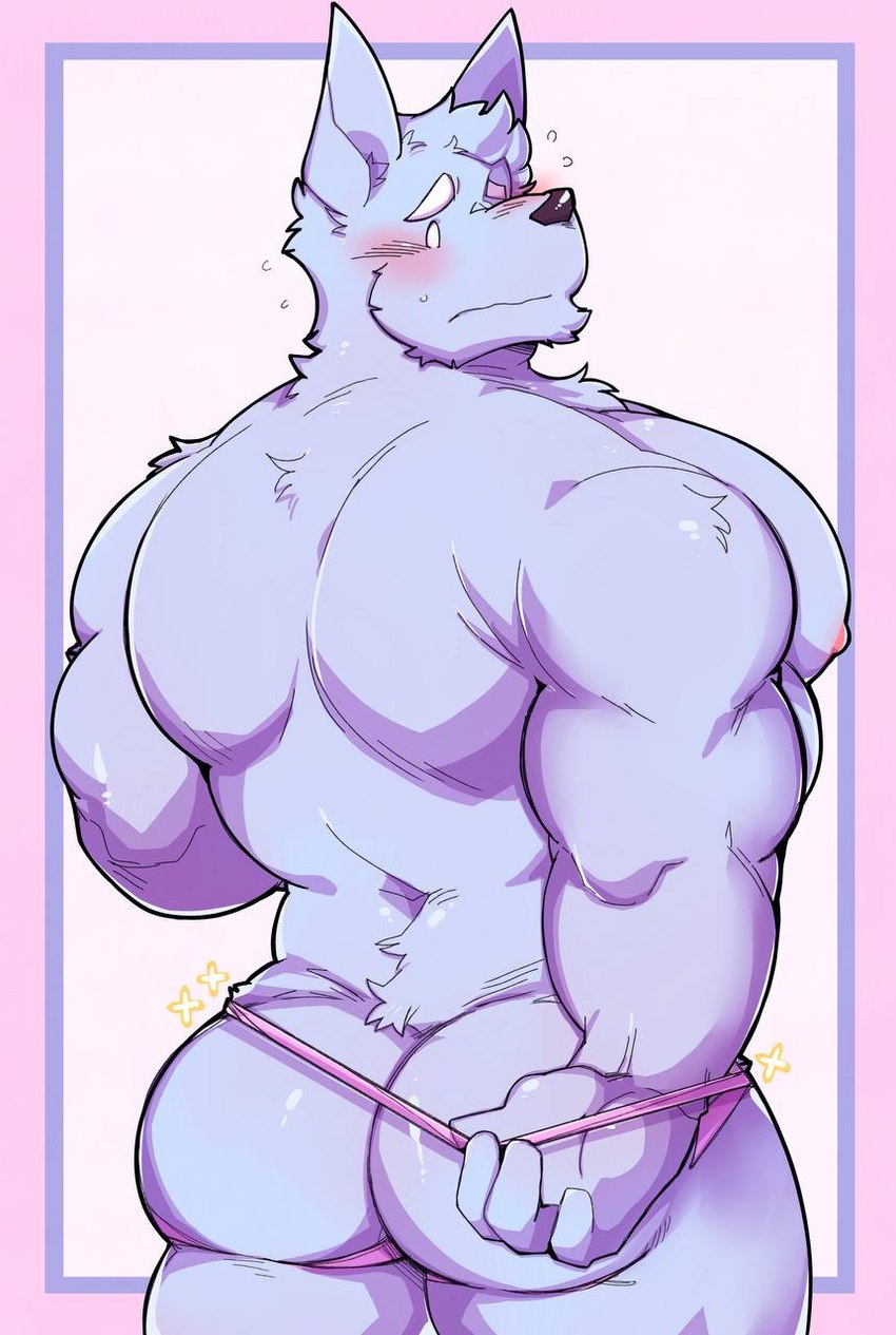 anthro barazoku big_butt big_pecs blue_body blue_fur blush butt clothed clothing clothing_pull eyebrows fur jockstrap jockstrap_only jockstrap_pull looking_back male muscular muscular_anthro muscular_male nipples pecs rear_view solo tight_jockstrap topless underwear underwear_only underwear_pull white_eyebrows seintaur sain_(seintaur) canid canine canis mammal wolf digital_media_(artwork) hi_res