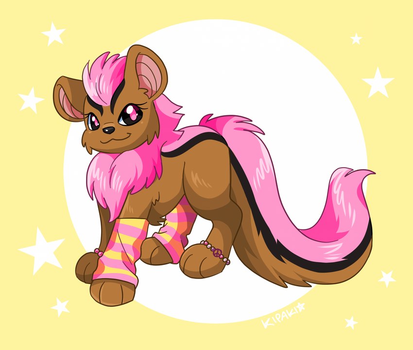 ambiguous_feral ambiguous_gender beaded_jewelry beads black_eyes brown_body brown_fur clothing feral fluffy fluffy_tail fur hair jewelry kandi_(jewelry) legwear pattern_clothing pattern_legwear pink_body pink_fur pink_hair pink_pupils pupils solo striped_clothing striped_legwear stripes tail kipaki neopets neopet_(species) xweetok hi_res