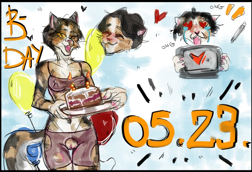 anthro bday blue_eyes breasts cake dessert female food genitals happy happy_birthday pussy solo solo_focus tablet_computer vaginal odorayaki apple_inc. ipad felid feline mammal digital_media_(artwork) hi_res traditional_media_(artwork)