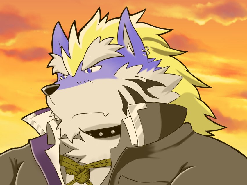 anthro blonde_hair blue_eyes clothing eyebrows facial_markings fangs fur hair head_markings looking_at_another male markings multicolored_body multicolored_fur school_uniform solo sunset teeth uniform white_eyebrows xion_cleararms lifewonders tokyo_afterschool_summoners fenrir_(tas) canid canine canis mammal wolf 4:3 hi_res