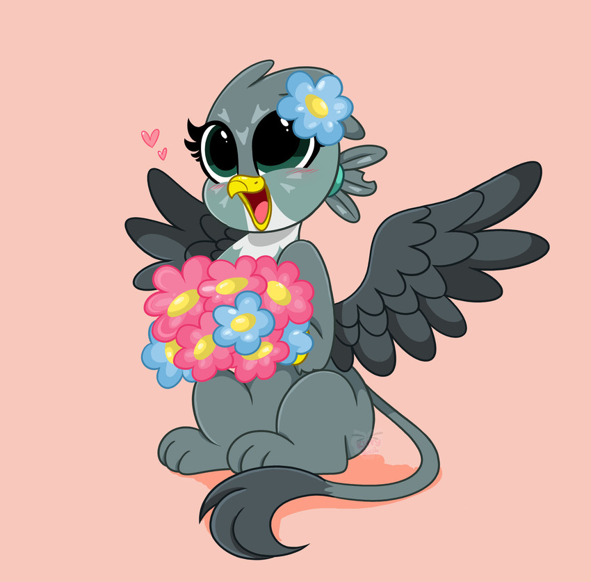 beak big_eyes eyelashes feathered_wings feathers female feral flower grey_body grey_feathers hair happy heart_symbol holding_object long_tail open_mouth pink_background plant ponytail simple_background sitting solo tail wings kittyrosie friendship_is_magic hasbro my_little_pony mythology gabby_(mlp) avian gryphon mythological_avian mythological_creature absurd_res hi_res