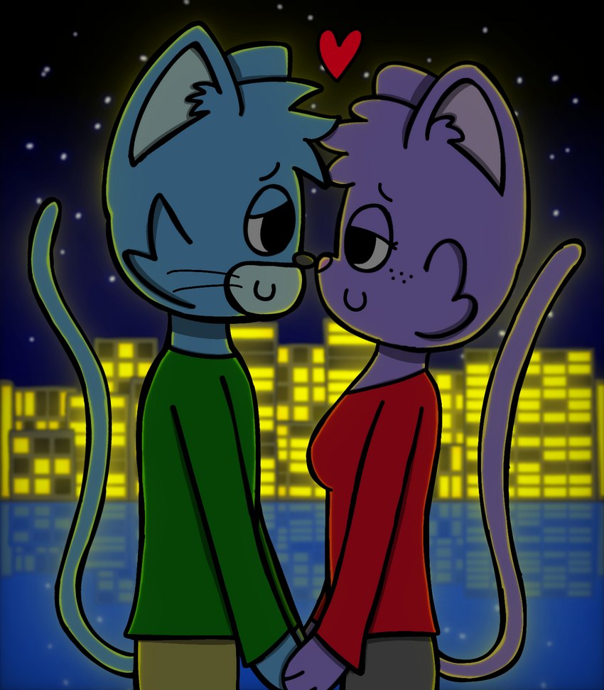 anthro city city_background clothed clothing duo eye_contact female freckles fur hair hand_holding happy heart_symbol looking_at_another looking_at_partner love male male/female night nose_to_nose romantic romantic_ambiance romantic_couple romantic_night sky smile star starry_sky text water whiskers eggnaug lucy_(eggnaug) marshall_(eggnaug) domestic_cat felid feline felis mammal 2023 colored digital_drawing_(artwork) digital_media_(artwork) hi_res shaded url