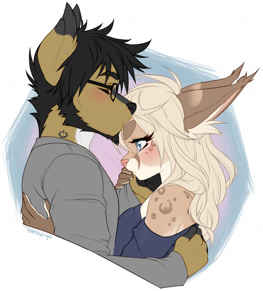 anthro beard blue_eyes blush clothed clothing cuddling duo eyes_closed eyewear facial_hair female fur glasses hair hug inner_ear_fluff kissing male male/female markings romantic romantic_couple side_view simple_background spots spotted_body spotted_fur tuft pollo-chan ariyah_(meg) jo_(amadeusdamiano) canid canine canis domestic_dog felid feline lynx mammal 2015 digital_media_(artwork) hi_res