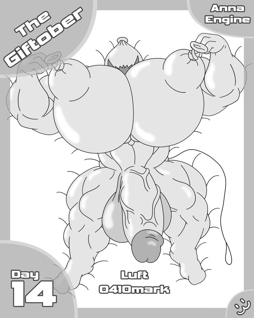 abs alternate_species areola balloon balls barefoot biceps big_areola big_breasts big_muscles big_nipples big_pecs big_penis border breasts circumcised cord cord_tail eyeless feet flaccid flexing front_view genitals grey_border gynomorph huge_breasts huge_nipples huge_pecs humanoid_genitalia humanoid_penis humanoidized inflatable intersex latex latex_body lying monotone_body muscular muscular_gynomorph muscular_humanoid muscular_intersex navel nipples not_furry nude on_back open_mouth pecs penis raised_arms simple_background smile solo tail teeth text thin_tail unusual_anatomy unusual_nipples vein veiny_penis white_background annaengine animate_inanimate balloon_humanoid humanoid inanimate_object living_balloon living_inflatable 4:5 absurd_res digital_drawing_(artwork) digital_media_(artwork) english_text hi_res monochrome portrait male_(lore)