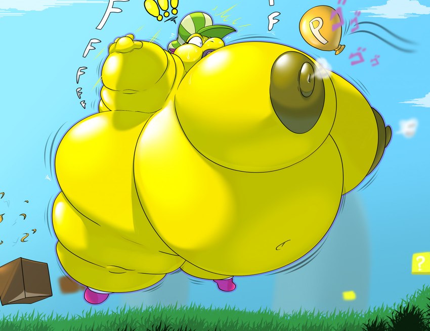 anthro belly big_belly big_breasts block breasts clothing exclamation_point female floating footwear hair hat headgear headwear huge_belly hyper hyper_belly inflation navel nipples nude open_mouth outside pink_hair power_balloon puffed_cheeks shoes solo spread_arms text wide_eyed yellow_body shinysteel mario_and_luigi_(series) mario_bros nintendo kylie_koopa koopa koopa_troopa scalie 2022