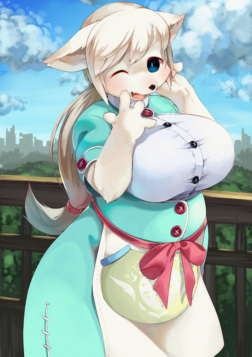 4_fingers accessory anthro apron big_breasts black_nose blue_eyes blush breasts button_(fastener) button_dress city cityscape clothed clothing cloud curvy_figure day detailed_background dress female female_anthro fingers fur green_clothing hair hair_accessory happy huge_breasts kemono one_eye_closed open_mouth open_smile outside overweight overweight_anthro overweight_female plant ponytail sky smile solo tan_body tan_fur tan_hair tongue tree voluptuous white_clothing wink nn_197069 canid canine canis domestic_dog mammal 2018 alternate_version_at_source digital_media_(artwork) hi_res portrait three-quarter_portrait