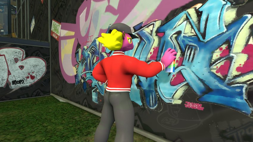 anthro black_bottomwear black_cap black_clothing black_pants blonde_hair bottomwear clothing graffiti graffiti_on_wall grass hair hand_in_pocket holding_spray_bottle male outside pants plant pockets purple_body purple_skin rear_view red_clothing red_sweater red_topwear smile solo spray_bottle standing sweater topwear yellow_body yellow_skin mightyk asian_mythology east_asian_mythology japanese_mythology level-5 mythology yo-kai_watch roughgraff animal_humanoid humanoid lizard reptile scalie scalie_humanoid yokai 16:9 2024 3d_(artwork) digital_media_(artwork) hi_res widescreen